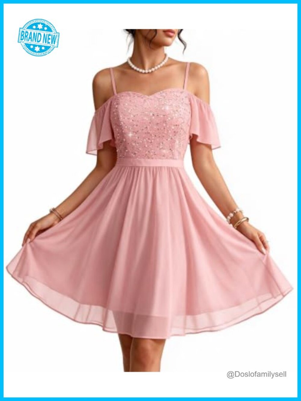 Sequin Lace Off Shoulder Cocktail Dress Ruffle Sleeve A-Line Knee Length